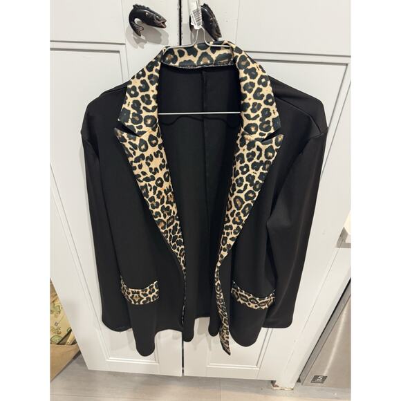 Black Stretch Blazer With Animal Print Trim Size Xl - Picture 1 of 7